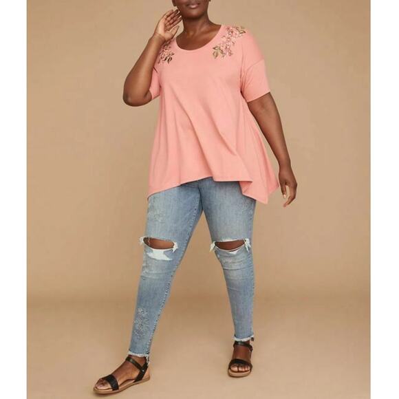 LANE BRYANT Floral Embroidered Sharkbite Hem Top Pink Womens Plus Size 18 20 - Picture 7 of 7
